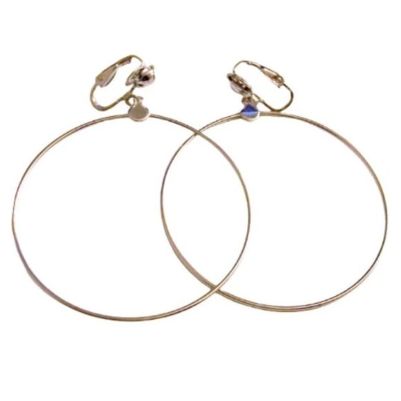 Thin Ring 2 3/4" Long Hoops Clip On Earrings Silver Tone - Picture 1 of 6